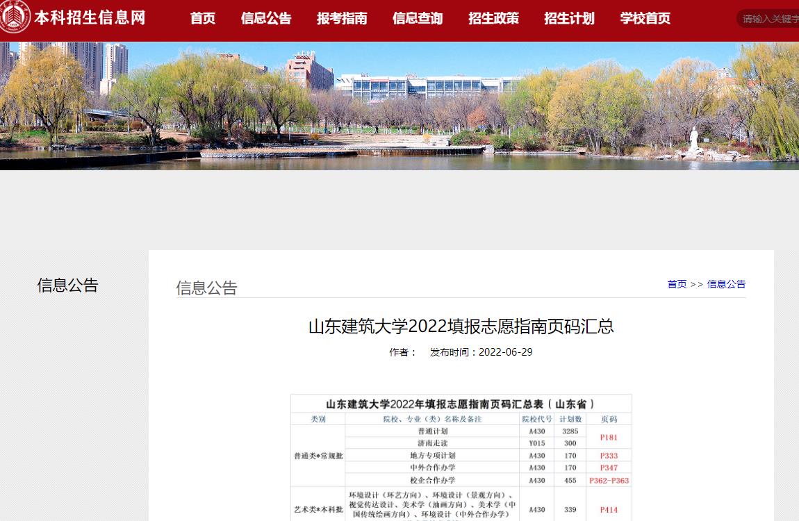 山东建筑大学2022填报志愿指南页码汇总