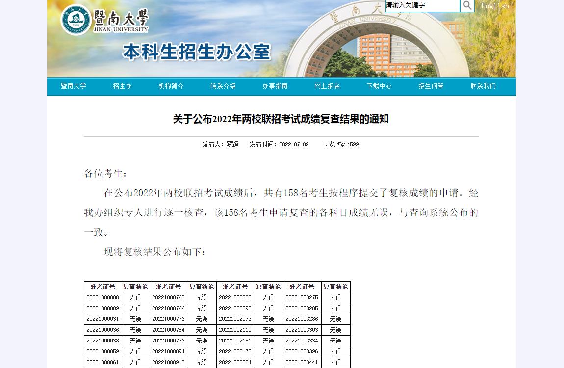 暨南大学2022年两校联招考试成绩复查结果