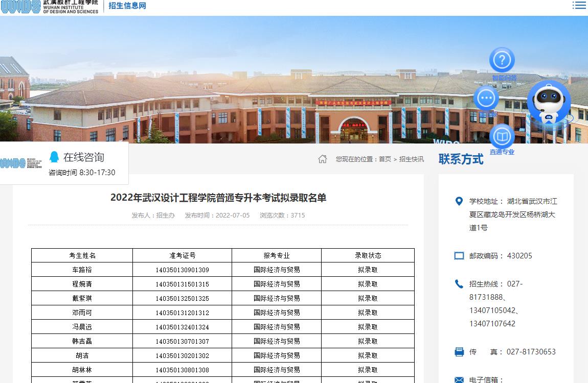 2022年武汉设计工程学院普通专升本考试拟录取名单