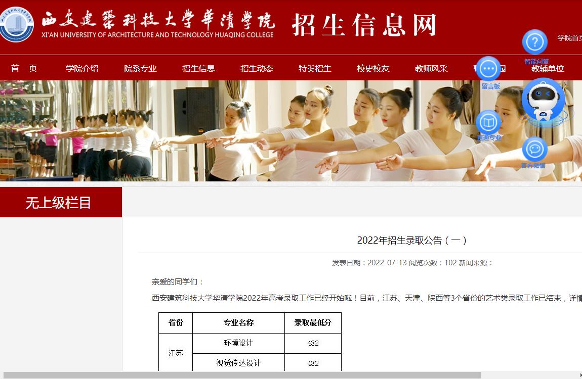 西安建筑科技大学华清学院2022江苏、天津、陕西艺术类录取分数线