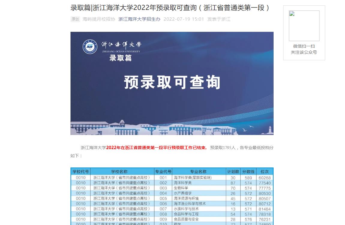 录取篇|浙江海洋大学2022年浙江省普通类第一段录取分数线