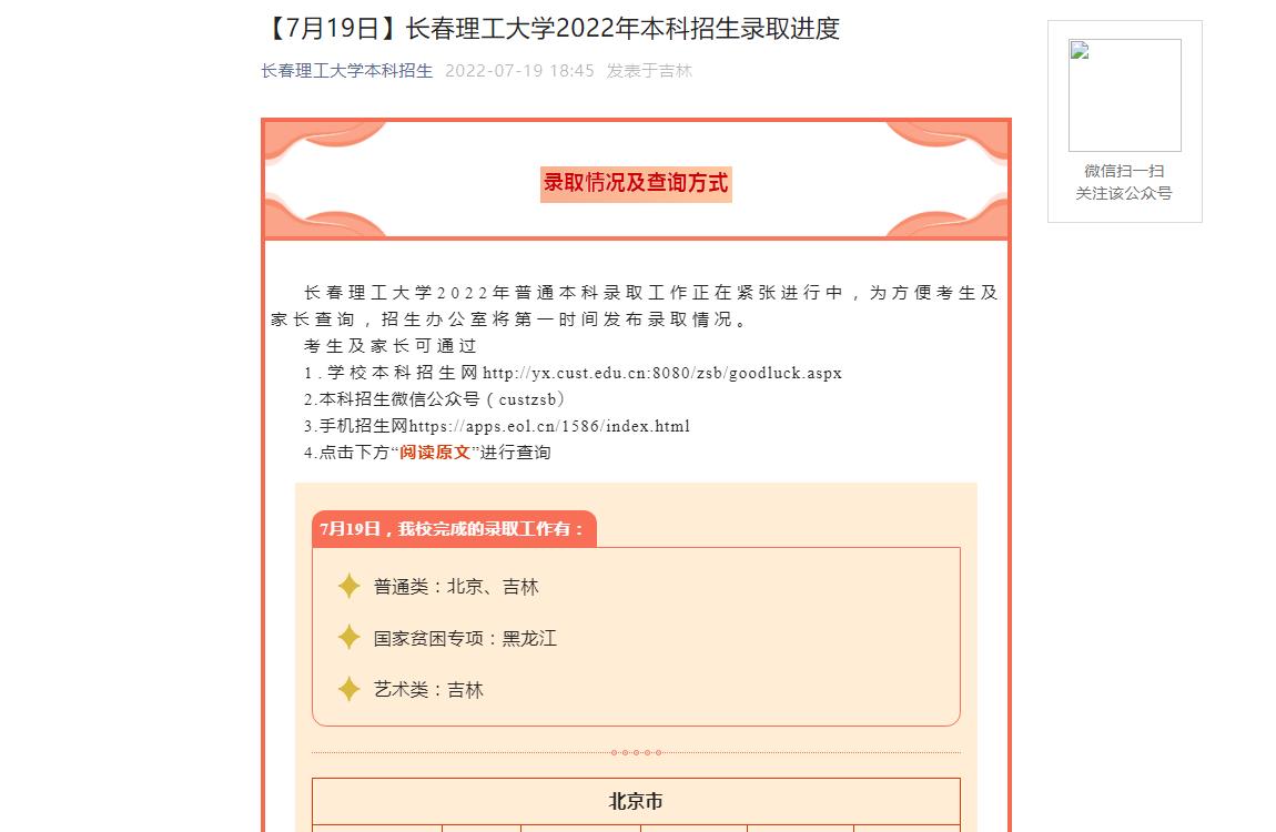 长春理工大学2022年北京、吉林普通类，黑龙江国家贫困专项及吉林艺术类录取分数线（7.19）