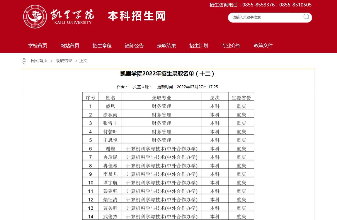 凯里学院2022年招生录取名单（十二）