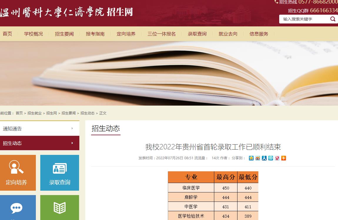温州医科大学仁济学院2022年贵州省首轮录取分数线