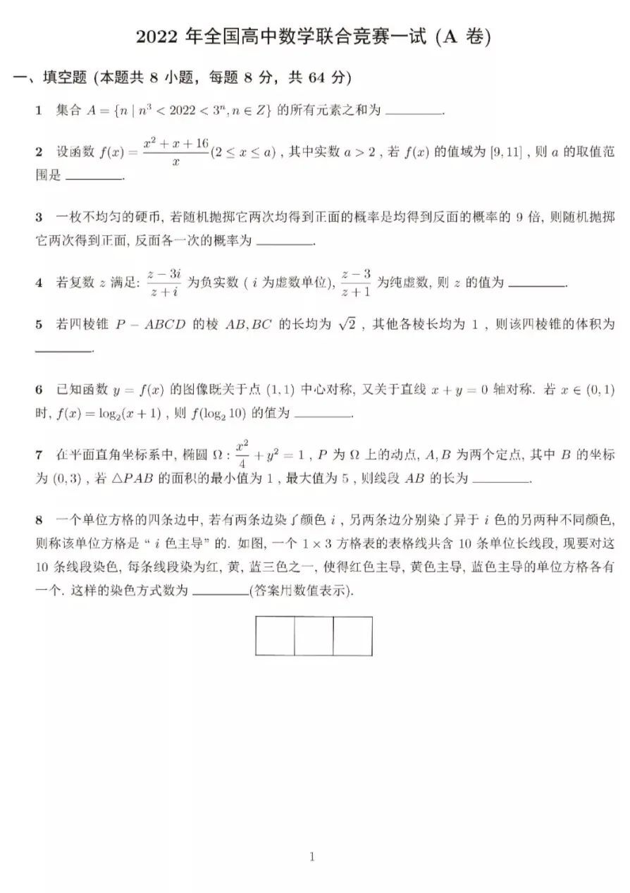 2022年全国高中数学竞赛试题真题及答案（奥林匹克竞赛）